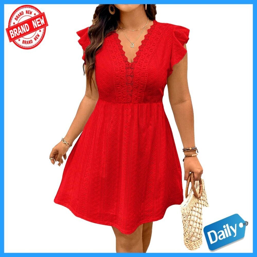 Ruffle Cap Sleeve Lace V Neck Embroidery Eyelet A Line Summer Dress Boho Chic